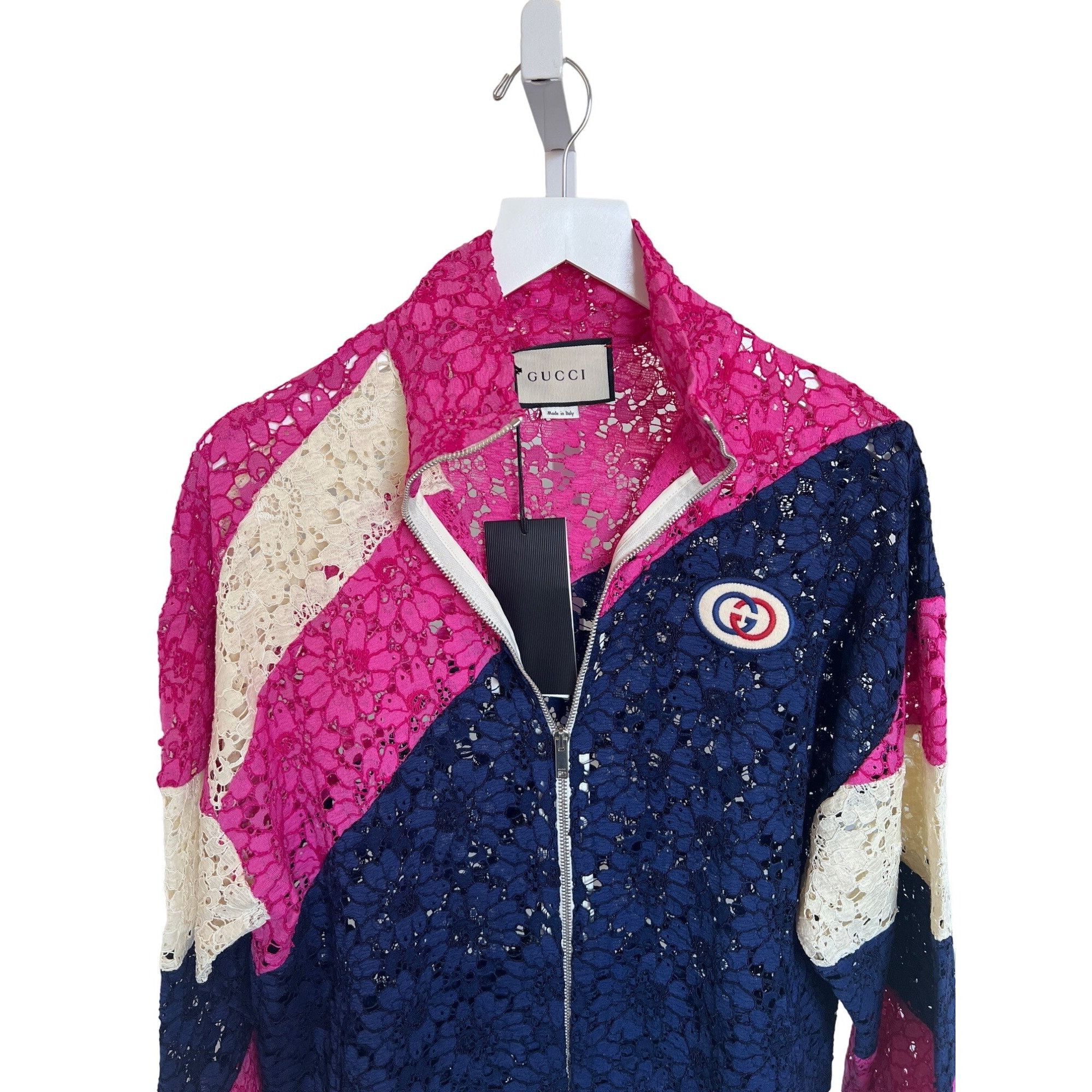 Gucci Gucci Lace Bomber Jacket Pink Navy Cream Zip-Up Logo Patch Size S / US 4 / IT 40 - 3 Thumbnail
