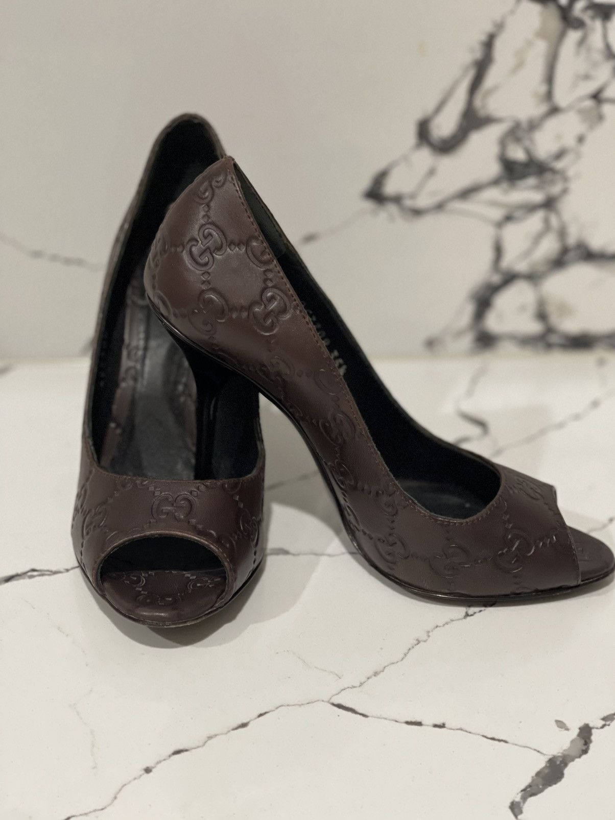 Gucci Gucci Guccissima Brown Leather Peep Toe Heels Size US 5 / IT 35 - 2 Thumbnail