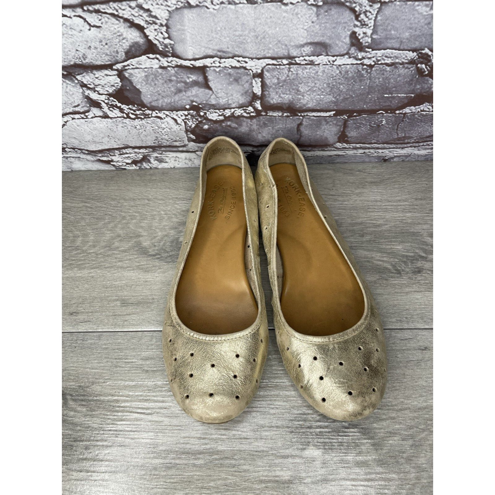 AFFXWRKS Kork Ease Metallic Gold Leather Perforated Ballet Flats Shoe Size US 11 / IT 41 - 15 Thumbnail