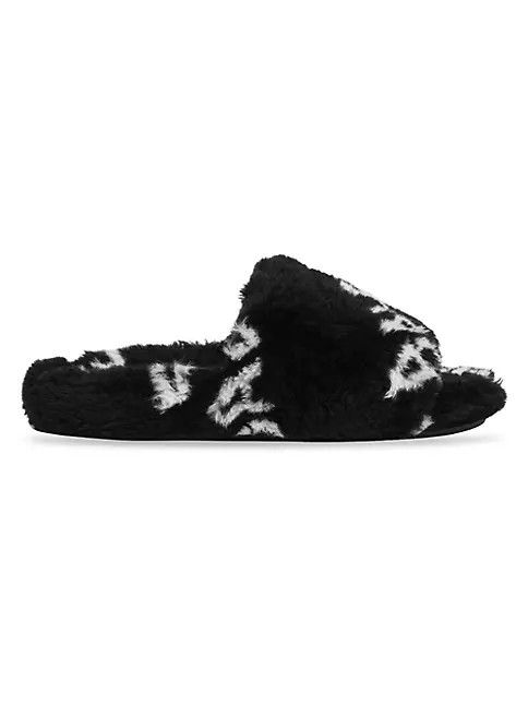 o1w1db10425 Furry Slides Sandals Allover Logo Black/White