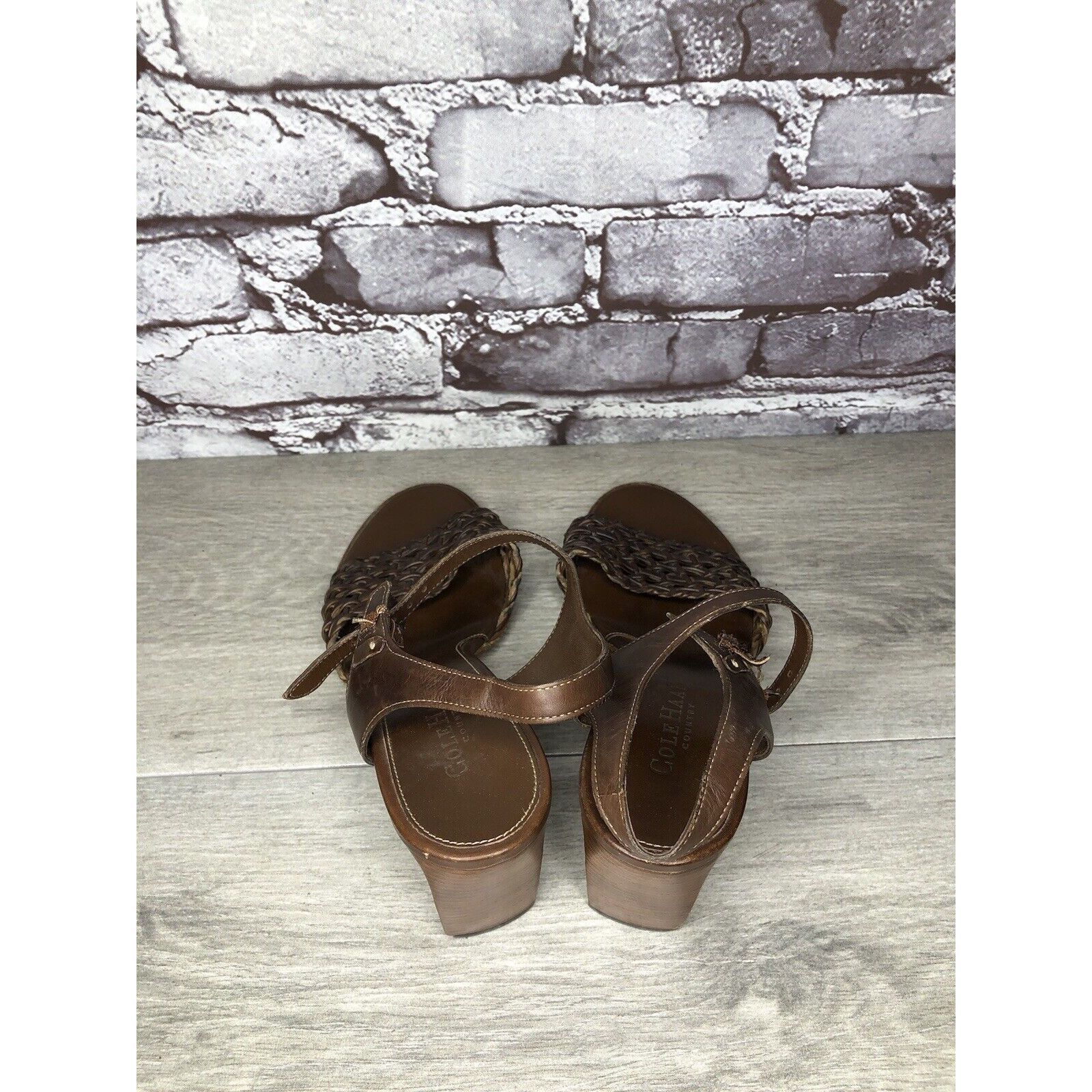 Cole Haan Cole Haan Brown Leather Woven Heel AnkleStrap Sandals Women Size US 7.5 / IT 37.5 - 5 Thumbnail