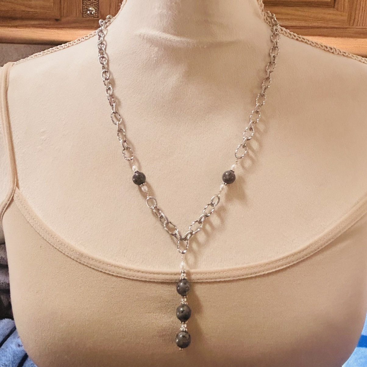 Handmade Handcrafted genuine 8mm larvikite genuine pearl set Size ONE SIZE - 2 Thumbnail