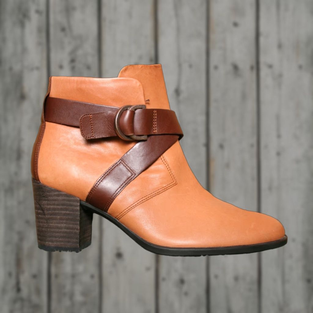 Ecco ECCO Shape 55 Cognac Brown Leather Ankle Boots w/2.75" Heels EUR 38 US 7-7.5 Womens Bootie Leather Zip Block Heel Mid Shaft Ankle Shoe Color Brown Size US 6 / IT 36 - 1 Thumbnail