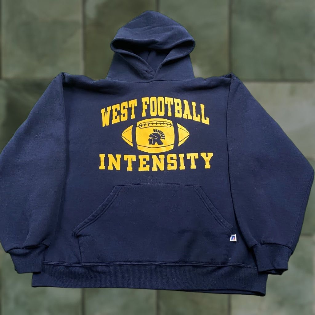 VINTAGE Russell Hoodie Mens L Blue 90s School Logo Graphic Print Sweatshirt