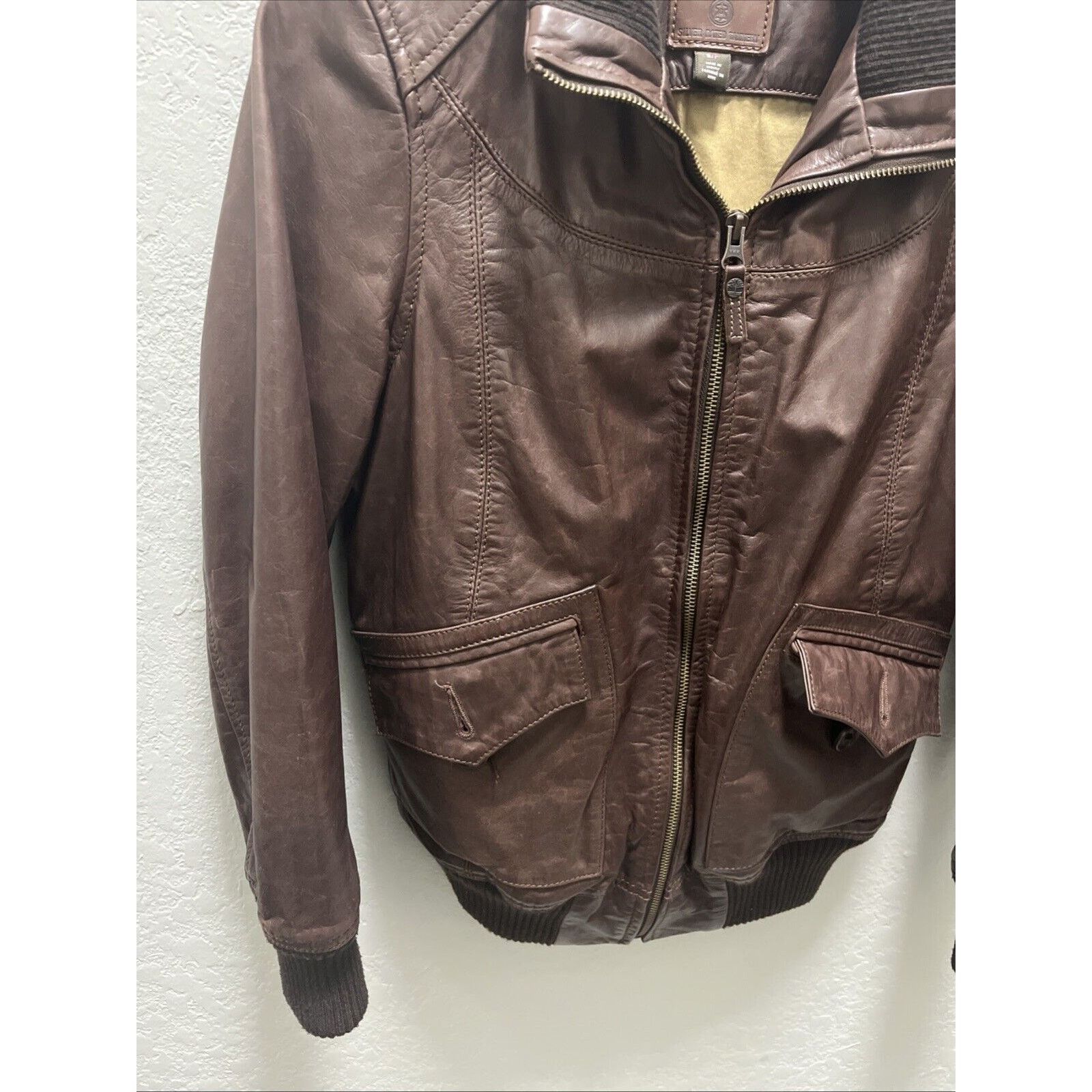 Timberland Timberland Men’s Small Leather Bomber Jacket Brown Ribbed Size US S / EU 44-46 / 1 - 4 Thumbnail