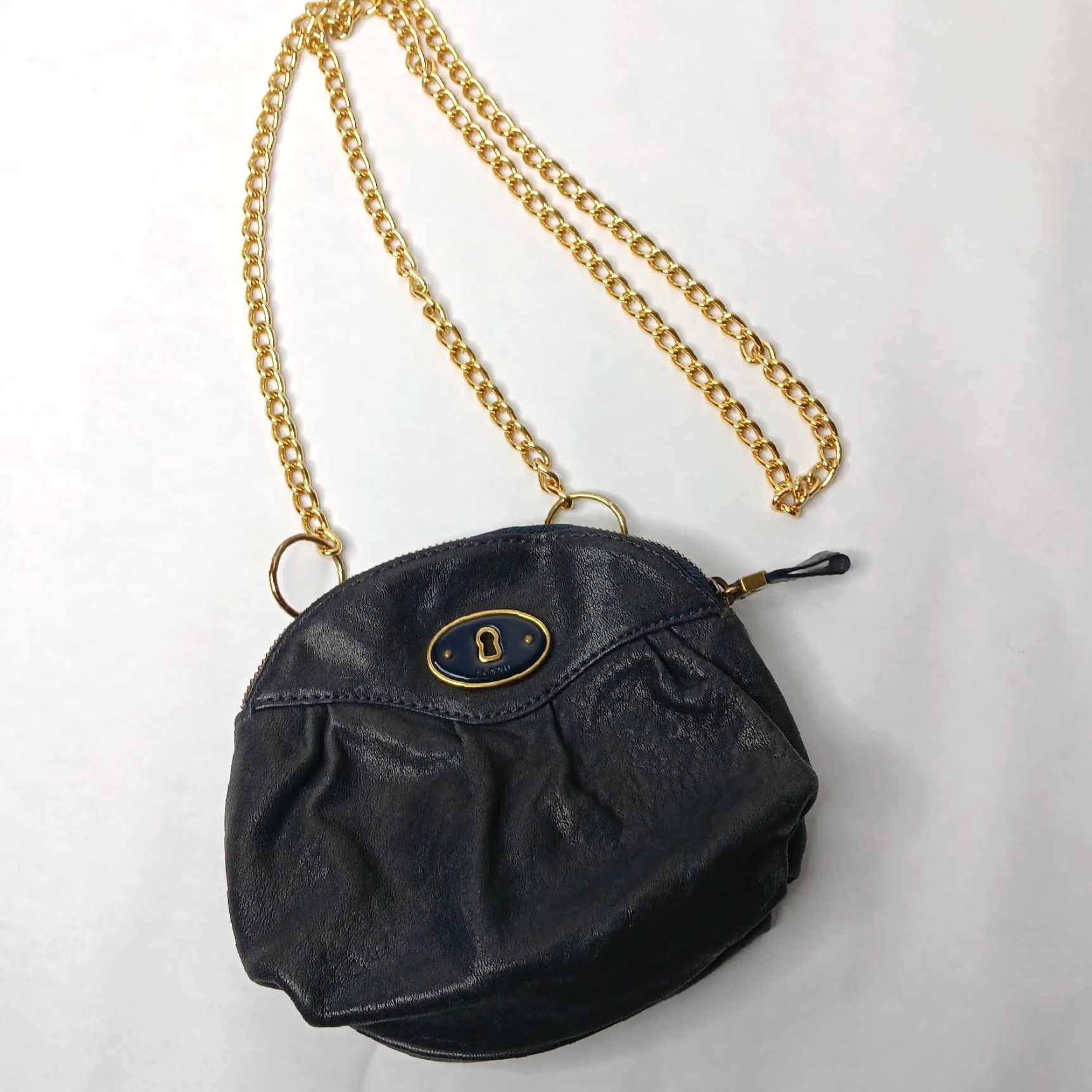 Fossil Fossil Purse Small Black Leather Gold Tone Chain Keyhole Zip 7.5" Satin Lining Brass Gold Hardware Women Bag Shoulder Strap Evening Size ONE SIZE - 2 Thumbnail