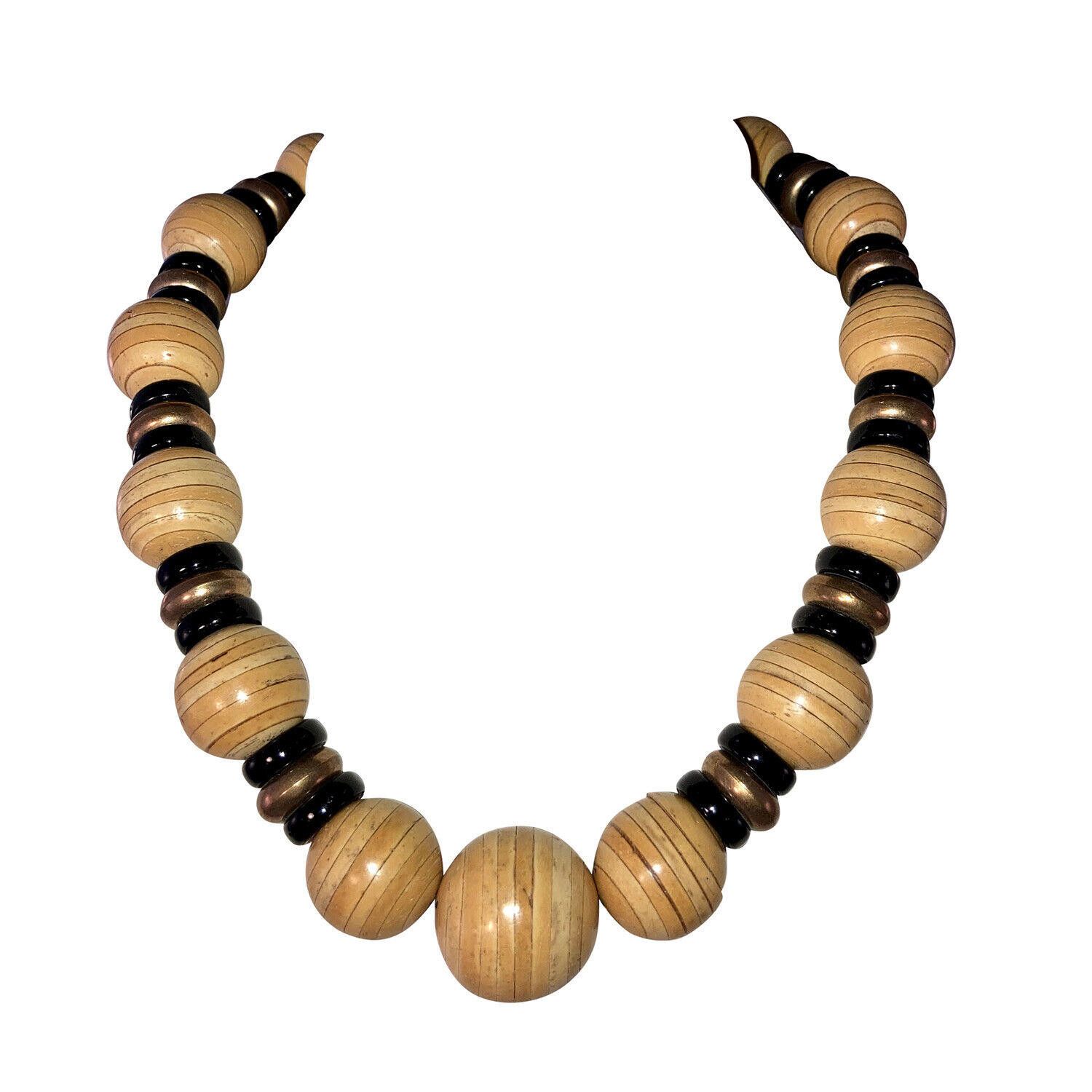 Designer Vintage Pressed Wood Glass and Brass Bead Necklace Size ONE SIZE - 1 Thumbnail