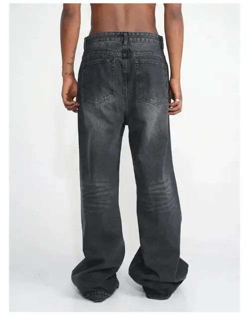 Gray Washed Baggy Wide Leg Stacked Denim Jeans