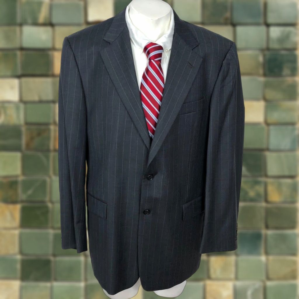 Vintage Hickey Freeman Suit Coat Jacket 42R REG Men 100% Striped Wool Dark Gray Notch Lapel Four-Button Single-Breasted Size 42R - 1 Thumbnail