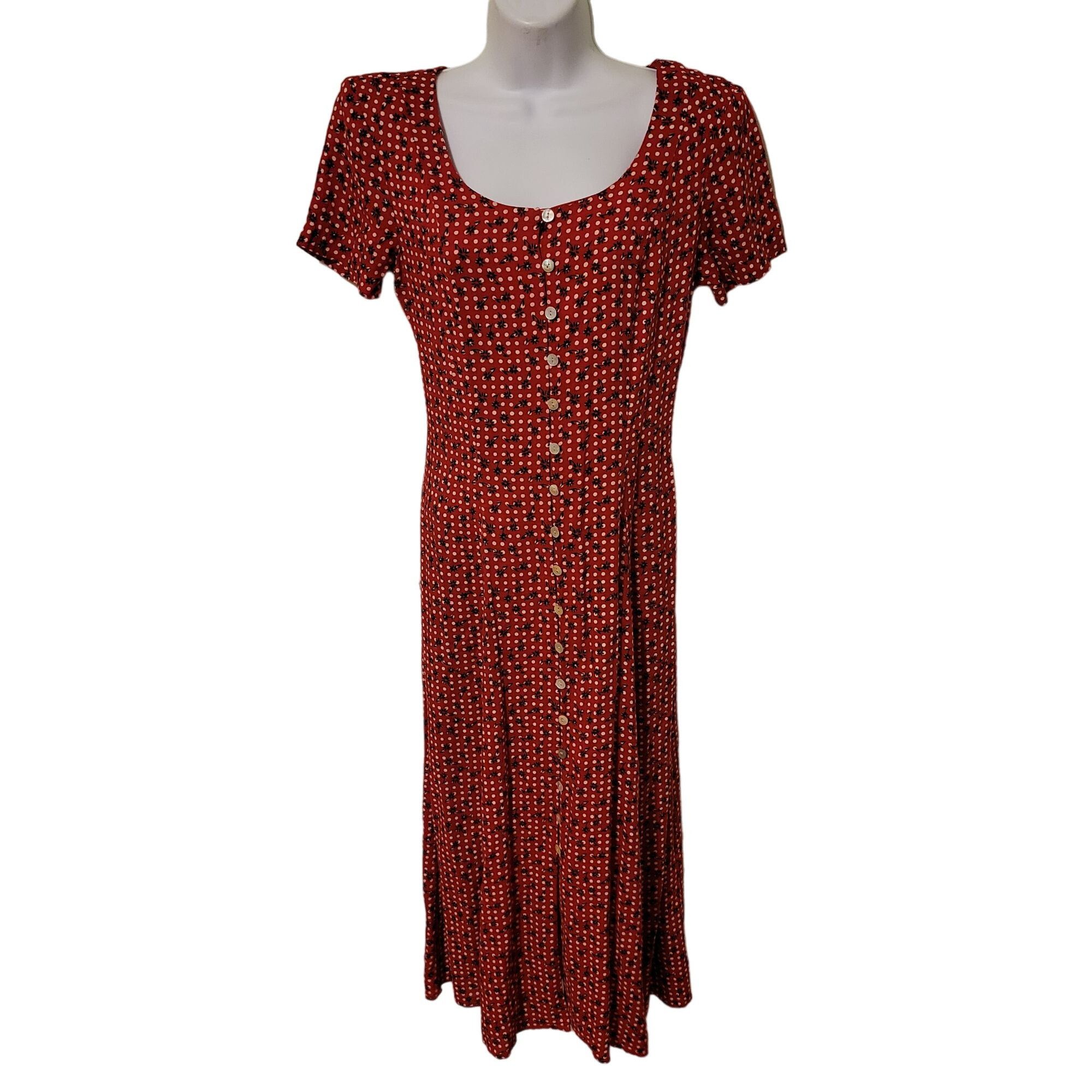 image of Vintage Johnathan Martin 3 Red Floral Polka Dot Maxi Dress Button Do, Women's (Size Small)