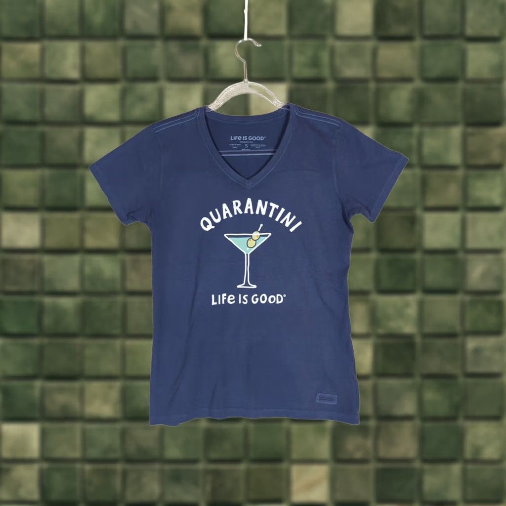 Life is Good Life is Good Quarantini Women's T-Shirt V-Neck Blue S NWT Jersey 100% Cotton Casual Short Sleeve Covid Martini Quarantine Women’s Compatible Shirt Size 28" / US 6 / IT 42 - 1 Thumbnail