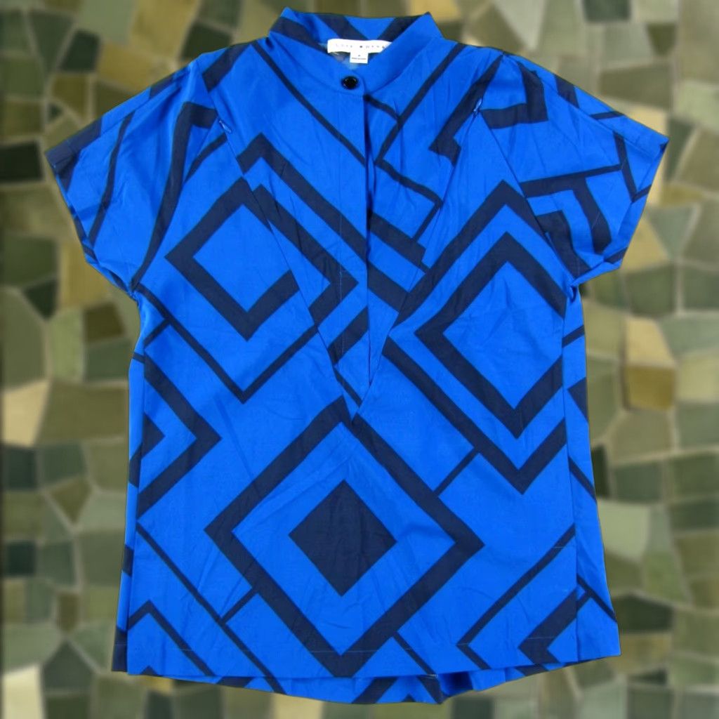 Vintage Loyal Hana Button-Up Nursing Maternity Blouse Geometric Blue Black Short Sleeve V-Neck Zip Bust Small Womens Size S / US 4 / IT 40 - 1 Thumbnail