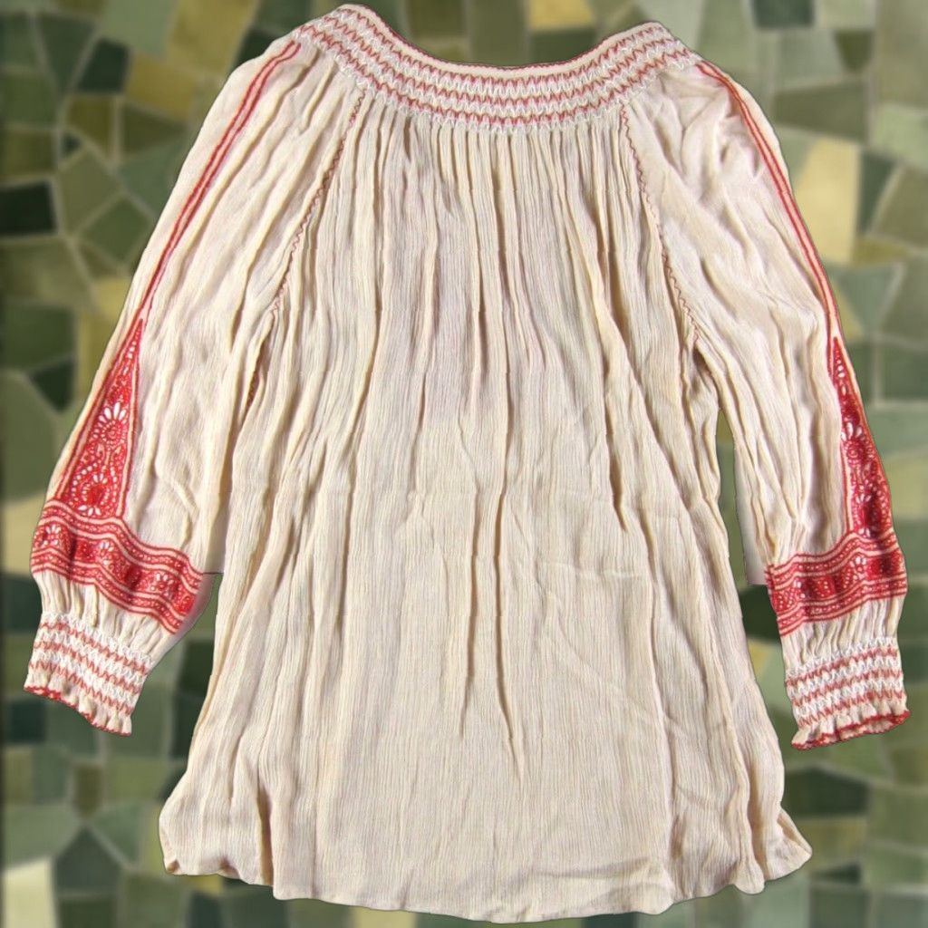 Free People VINTAGE Free People 100% Rayon Pink Red Embroidered Long Sleeve Tunic Smock Dress Small Size S / US 4 / IT 40 - 1 Thumbnail