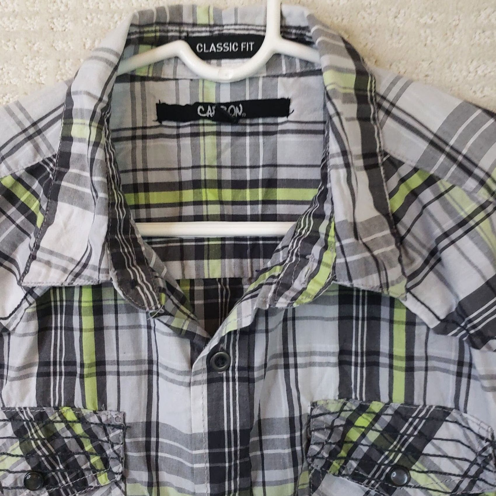 Carbon Carbon Men's M Button-Up Shirt Long Sleeve Plaid Grey Lime Multicolor Classic Fit Size US M / EU 48-50 / 2 - 4 Thumbnail