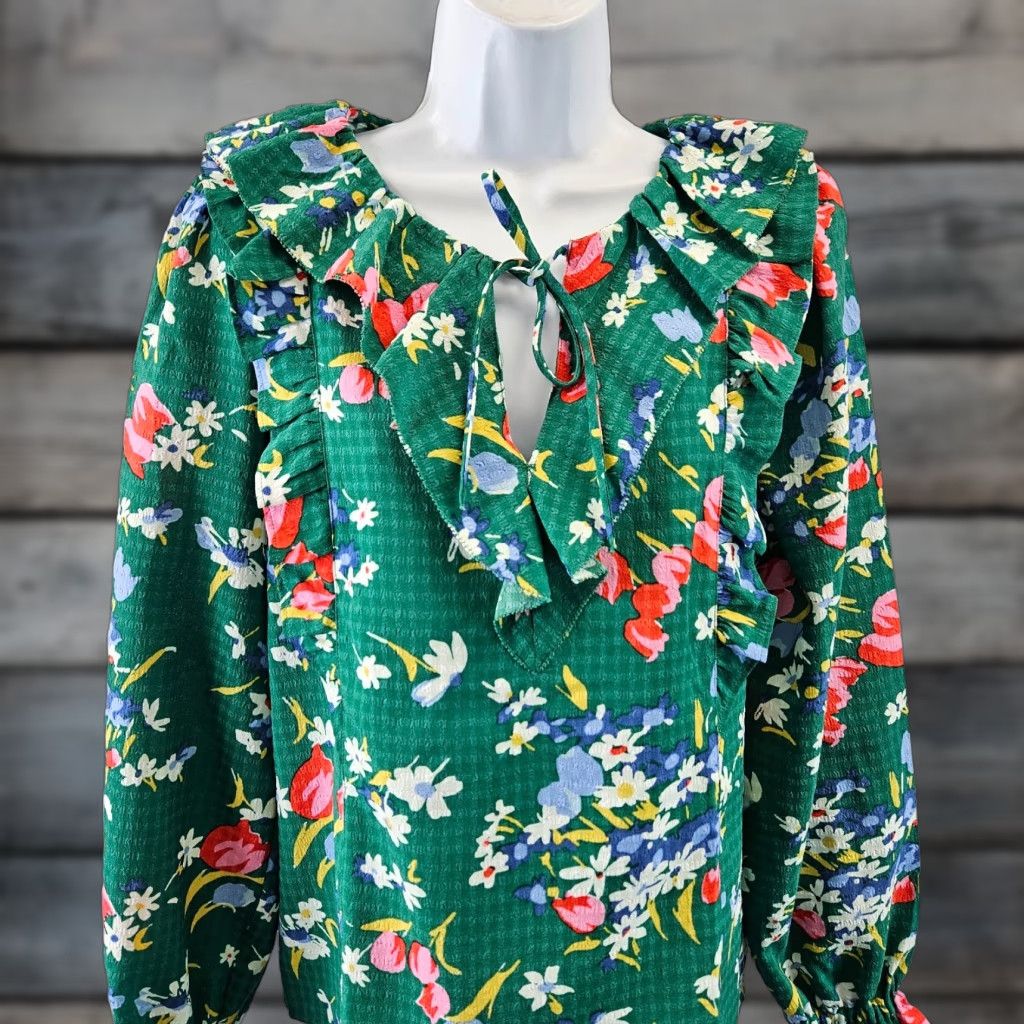 Loft Ann Taylor LOFT Womens Top XS Green Pink Floral Ruffle Long Sleeve Blouse Polyester Spandex Size XS / US 0-2 / IT 36-38 - 1 Thumbnail
