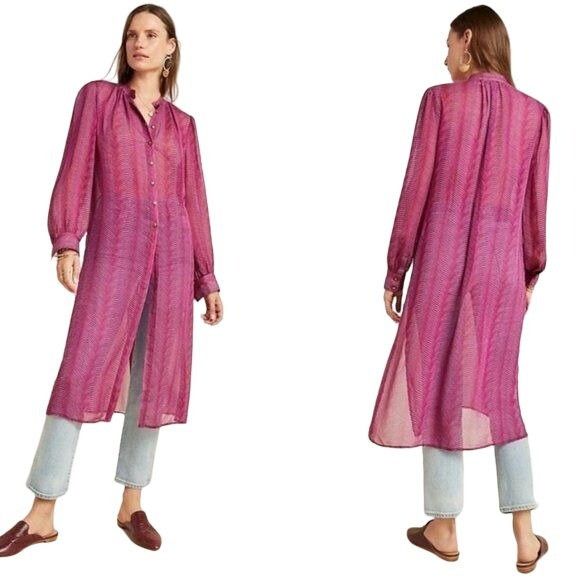 Anthropologie Maeve Sheer Magenta Button-Down Long Tunic Blouse Size XS / US 0-2 / IT 36-38 - 2 Thumbnail