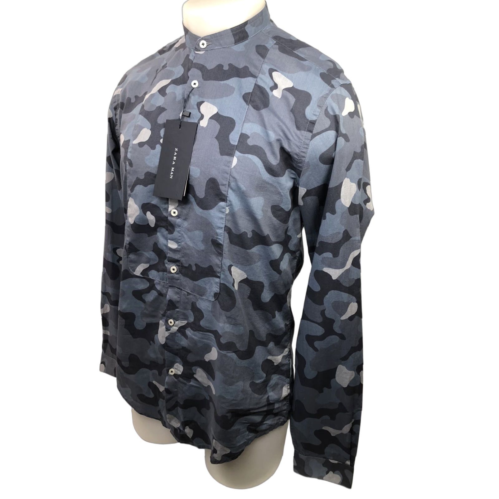 Zara ZARA MAN Camouflage Slim Fit Cotton Shirt Collarless Blue/Gray M7 Size S Size US S / EU 44-46 / 1 - 1 Thumbnail