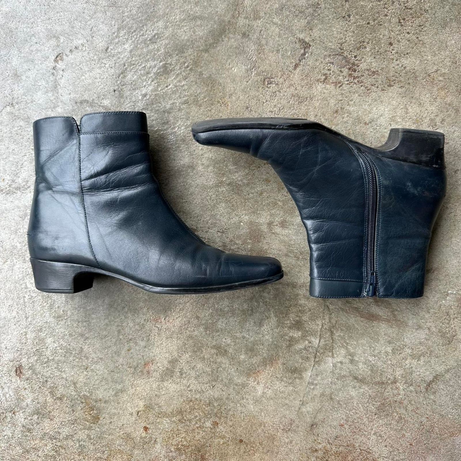 Navy Leather Made In Italy Ankle Boots With Subtle Heel Shoes in Black, Women's (Size 9)