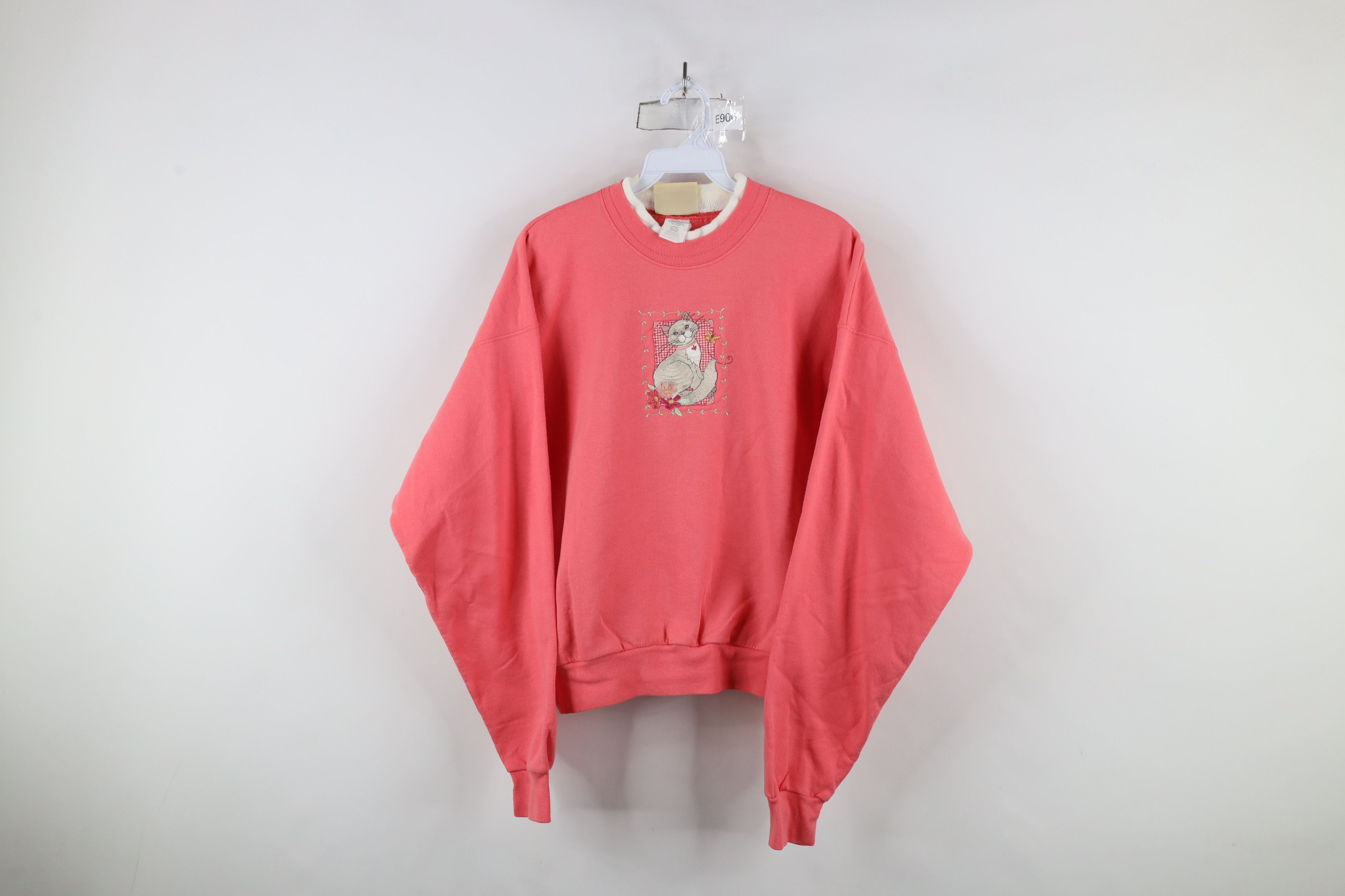 Vintage Vintage 90s Faded Cat Kitten Flower Heart Sweatshirt Pink Size L / US 10 / IT 46 - 1 Thumbnail