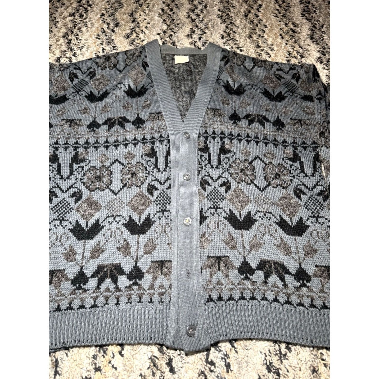Vintage VINTAGE 60s 70s Wool Mohair Sweater Cardigan Knit Mens Large Gray Geometric Abstract Knit Wool Blend Shirt/Cardigan? Size US L / EU 52-54 / 3 - 3 Thumbnail
