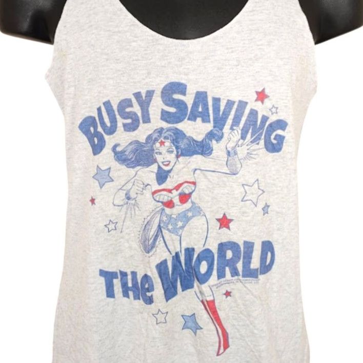 Next Level Wonder Woman Tank Top Womens Size Medium Gray Busy Saving The World DC Comics Shirt Size M / US 6-8 / IT 42-44 - 2 Thumbnail