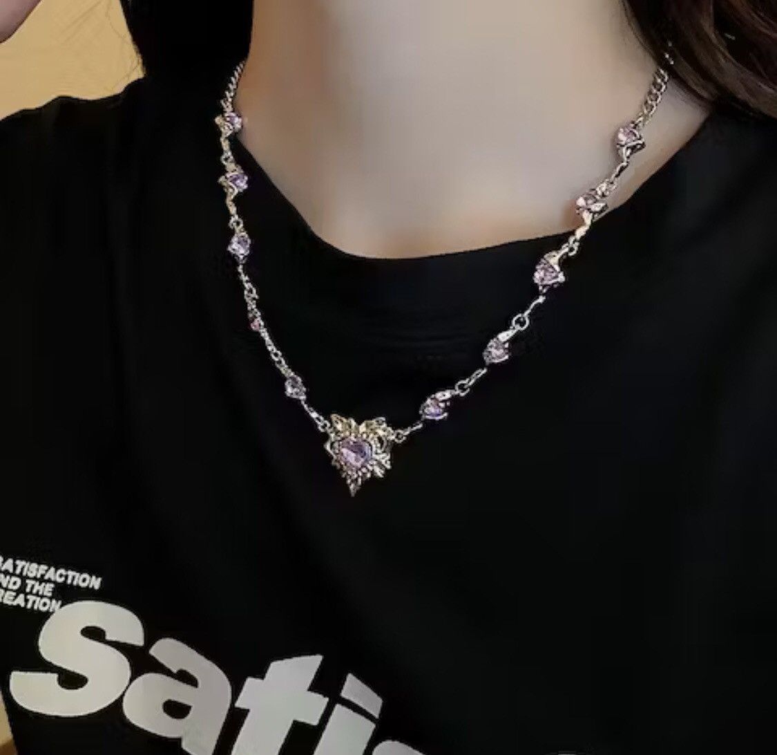 Jewelry Crystal Purple Heart Silver Star Chain Necklace Size ONE SIZE - 2 Thumbnail