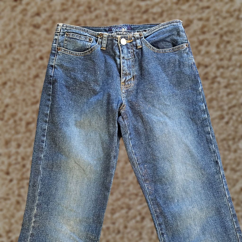 Vintage VINTAGE Angels Jeans Women 27x31 Blue Fringe Raw Hem Flare Low Rise Glitter 90s Distressed Jeans Womens Size 27" / US 4 / IT 40 - 1 Thumbnail