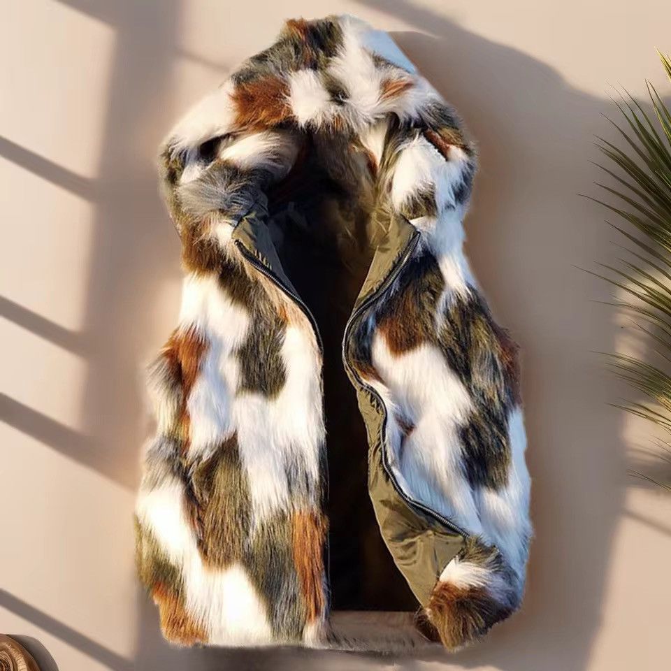 Japanese Brand 🔥 Stylish Faux Fur Hooded Vest - Military Green & Multi Size US XL / EU 56 / 4 - 3 Thumbnail