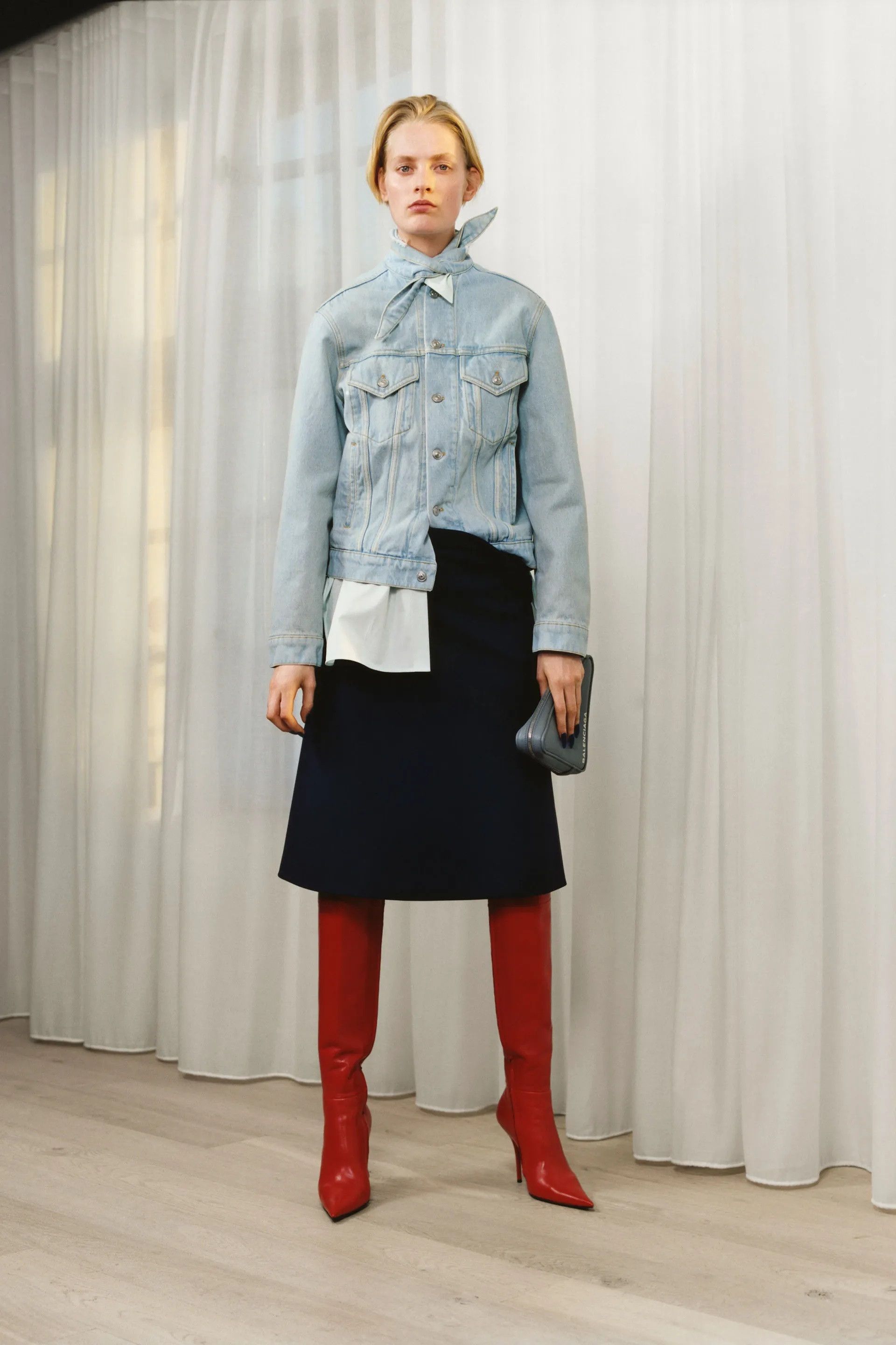 image of Balenciaga - Pre-Fall 2017 - Scarf Collar Trucker Jacket in Denim, Women's (Size XS)
