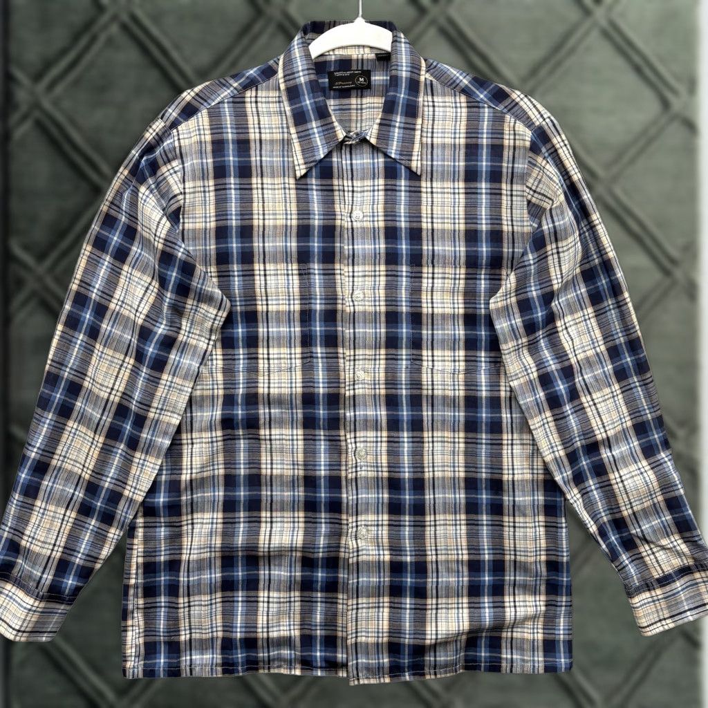 VINTAGE JCPenney Shirt Mens M Blue Beige Plaid Button-Down Long Sleeve 70s