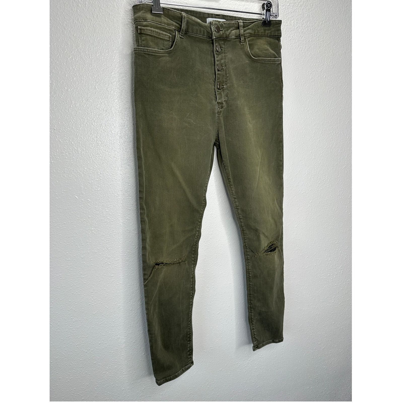 Zara Zara Women Olive Button Fly Distressed Knee Skinny Jean 10 Size 32" / US 10 / IT 46 - 2 Thumbnail