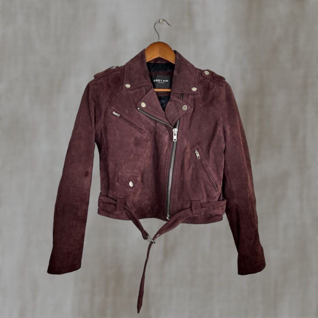 OBEY Purple Suede Leather Biker Jacket Women S Belted Stained Right Arm Outfit 90s Style Motorcycle Jacket Belted Leather Lining Leather