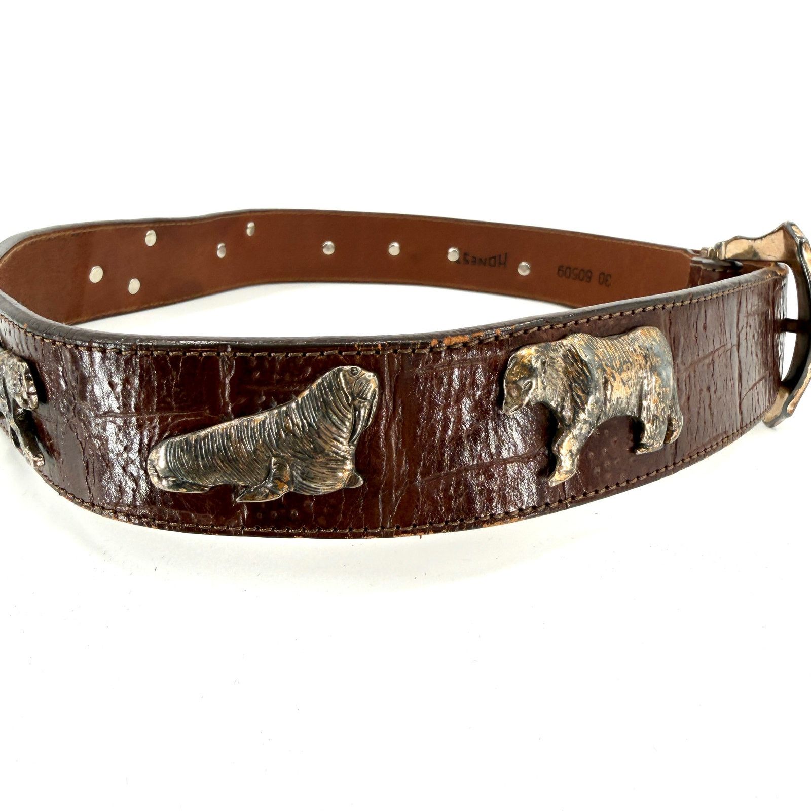 90s Brown Croc Embossed Leather Wildlife Medallion Belt