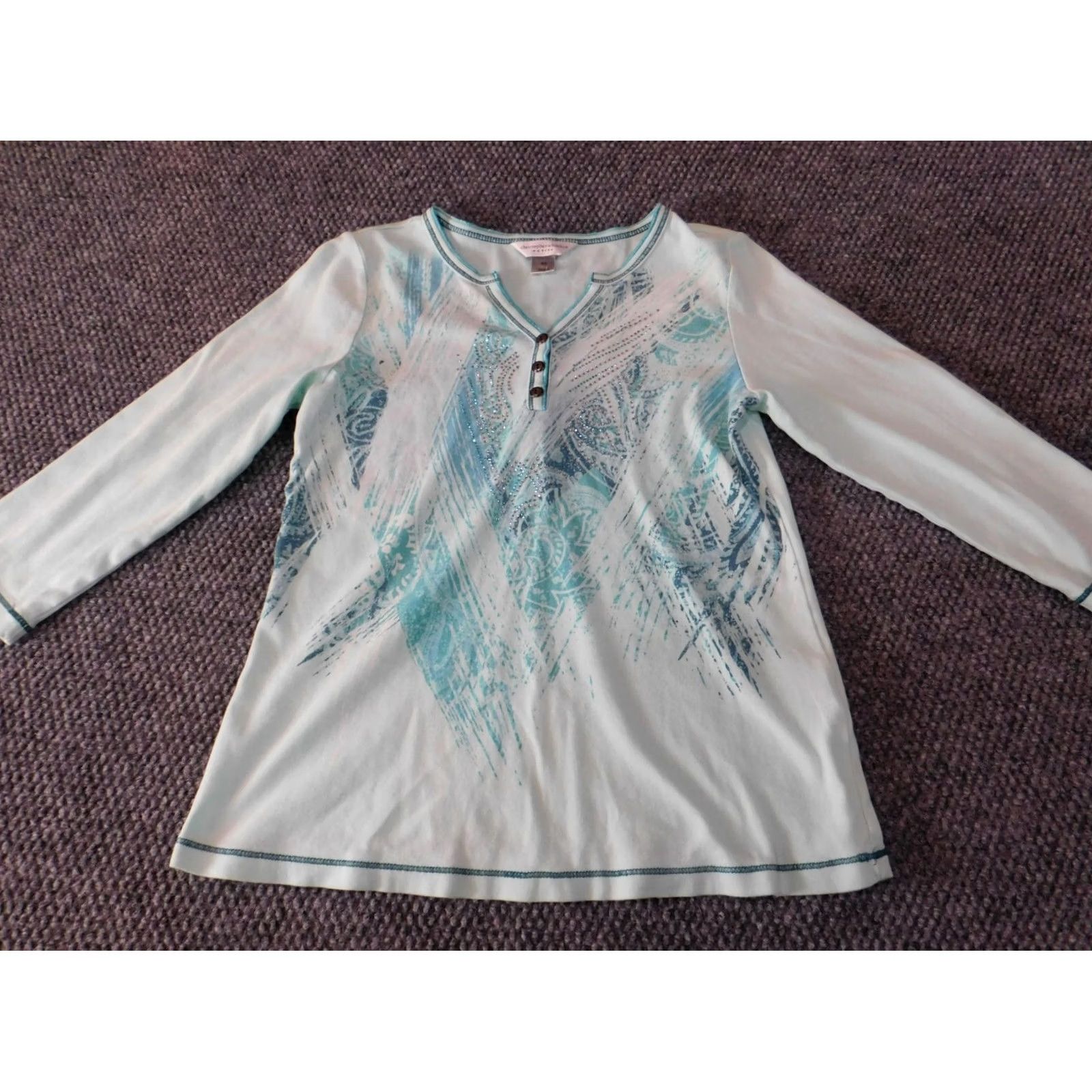 Vintage Christopher & Banks Womens Blouse PS Petites blue graphic Top classic pullover Size S / US 4 / IT 40 - 2 Thumbnail