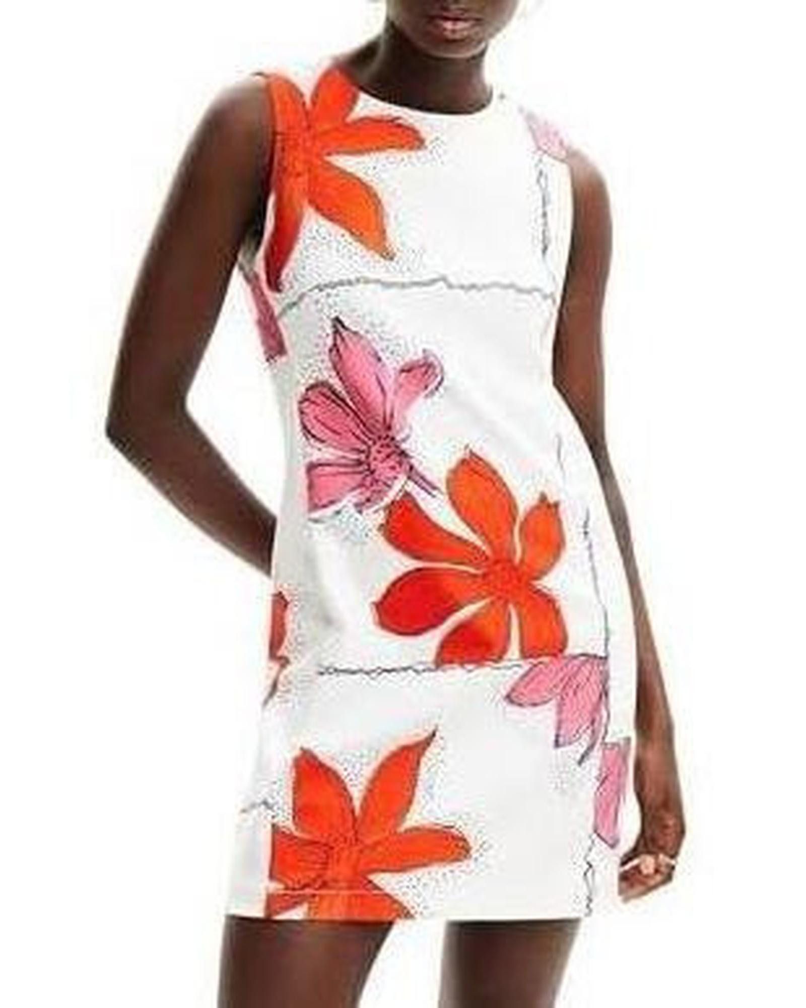 image of Desigual Floral Round Neck Dress With Zip Fastening in White, Women's (Size Small)