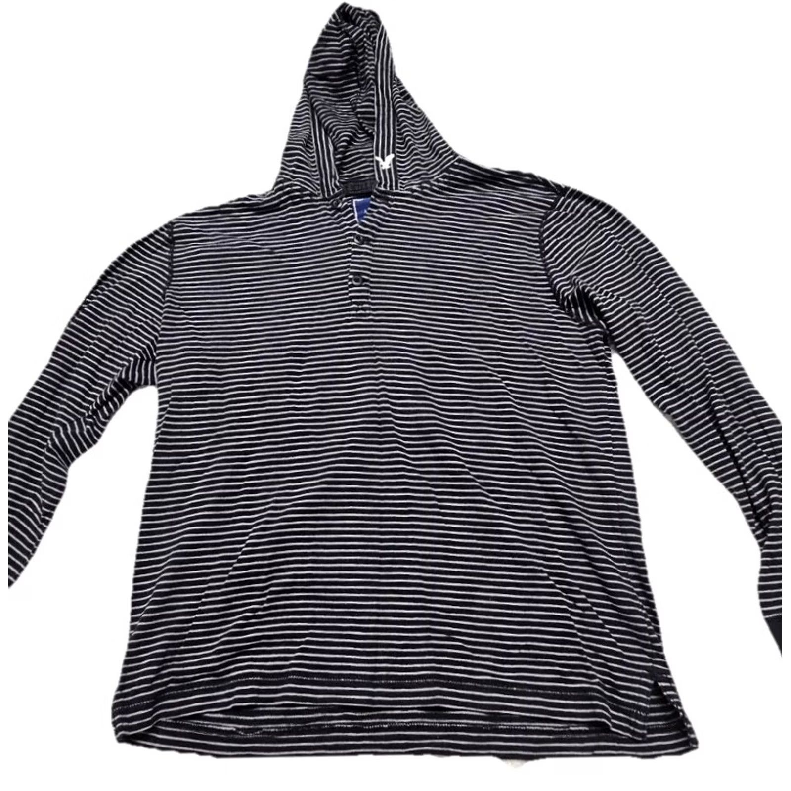 American Eagle Outfitters VINTAGE American Eagle Hoodie Striped Henley Lightweight Black White Mens L Size US L / EU 52-54 / 3 - 2 Thumbnail