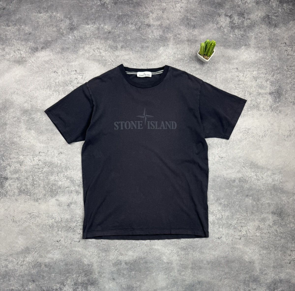 Stone Island Garment Dyed Big Spellout Logo Faded Navy Shirt