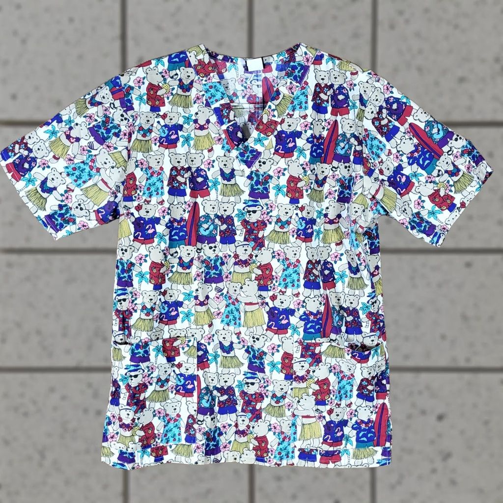 Vintage Barco Scrub Top Womens Size S Medical V-Neck Hawaiian Bear Print Pockets Size S / US 4 / IT 40 - 1 Thumbnail