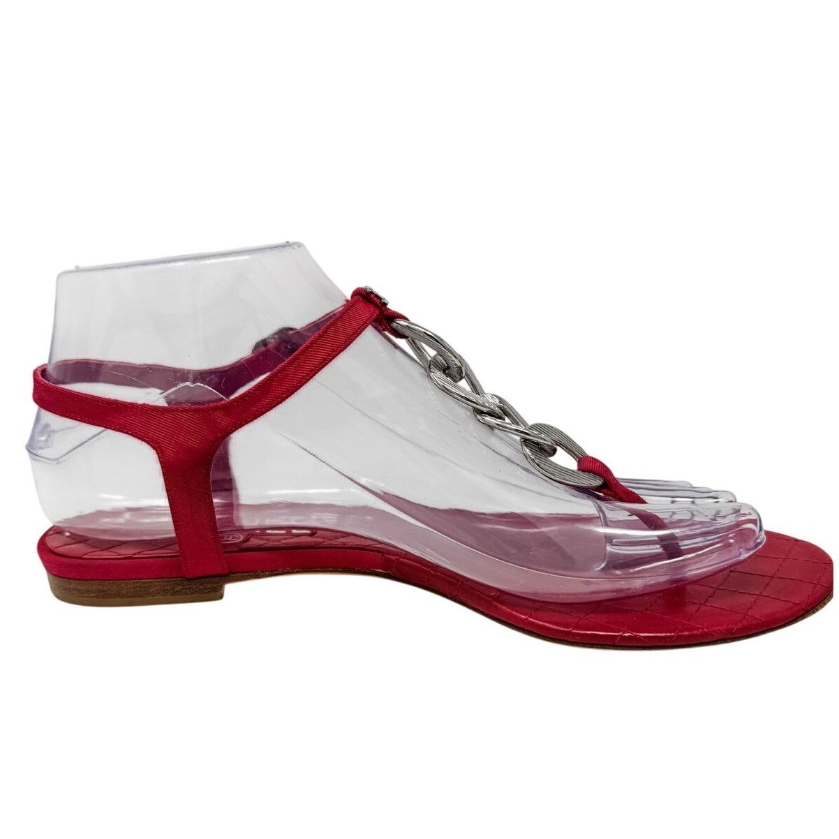 Chanel Chanel Red Silver Chain T Strap CC Logo Flat Sandals sz 37.5 Size US 7.5 / IT 37.5 - 11 Thumbnail