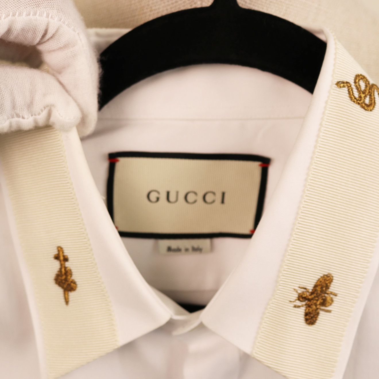 Gucci Gucci Ivory Cotton Shirt with Gold Bee & Snake Embroidery Size US M / EU 48-50 / 2 - 7 Thumbnail