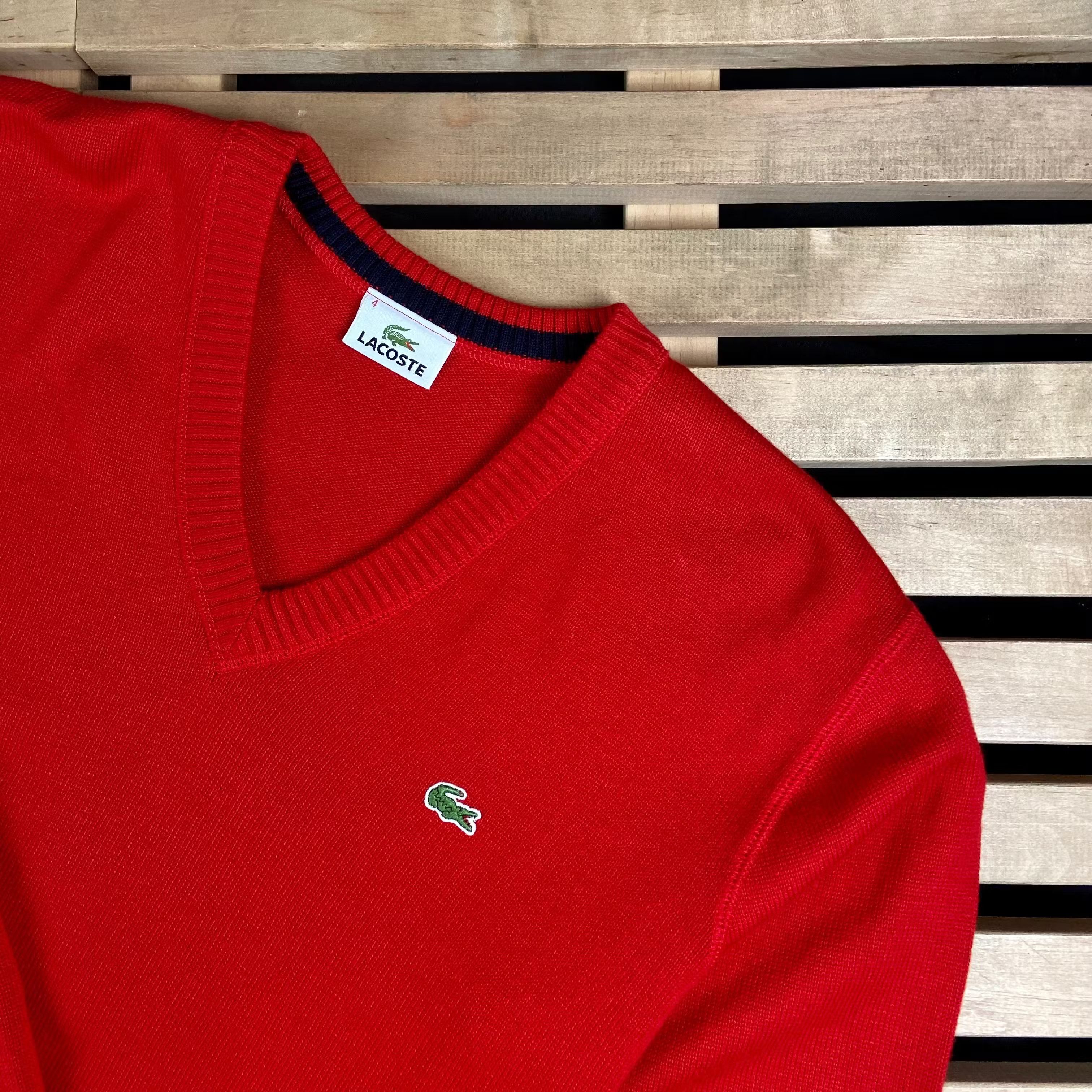 Lacoste × Vintage Mens Jumper Lacoste Vintage V Neck Size L Red Size US L / EU 52-54 / 3 - 2 Thumbnail
