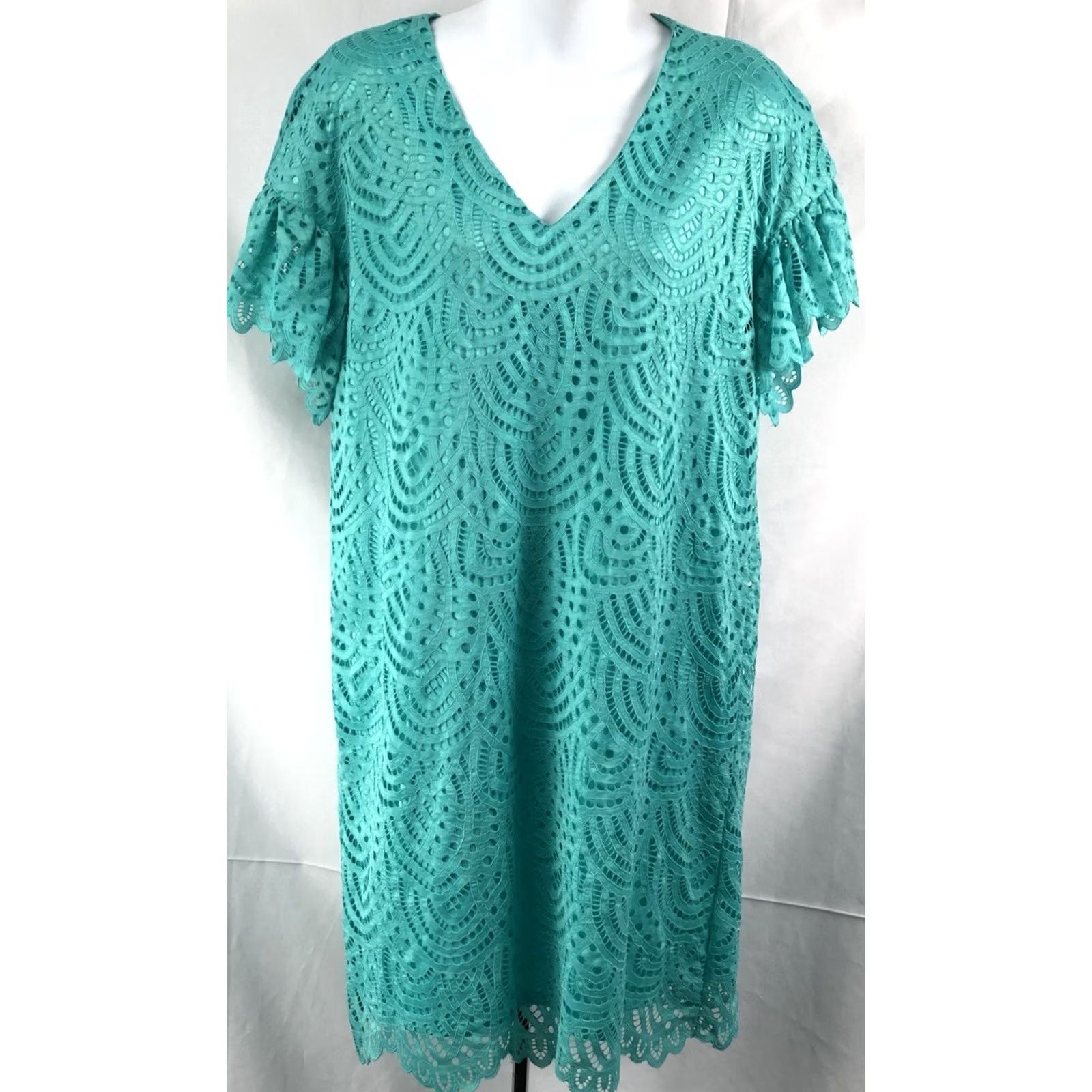 Worthington NWT Worthington dress S aqua V-Neck Flutter Short Sleeve Knee Length Scallop Hem Cut Out Lace Dress Womens Size S / US 4 / IT 40 - 6 Thumbnail