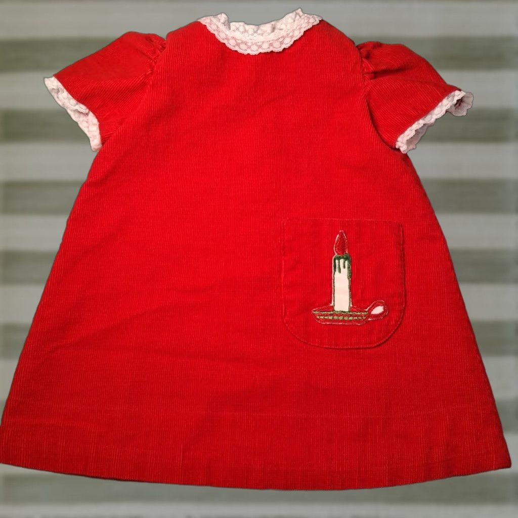 Vintage VINTAGE Handmade Christmas Dress Red Corduroy Lace Trim Candlestick Holiday Girls Size ONE SIZE - 1 Thumbnail