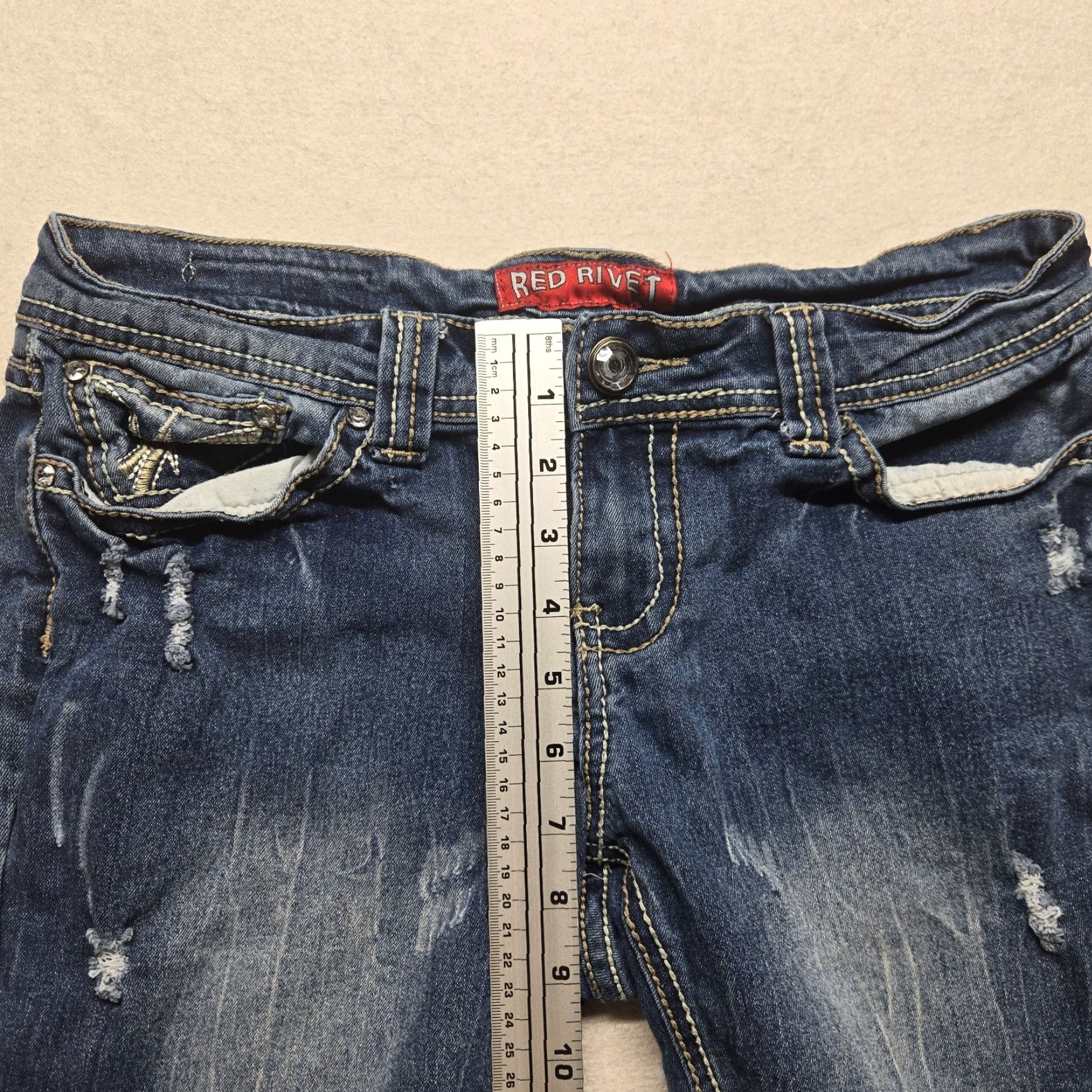 Denime Red Rivet Denim Shorts Women's 7 Distressed Embroidered 5-Pocket Casual Jeans Cut-Off Summer Blue Vintage?: No Size 28" / US 6 / IT 42 - 6 Thumbnail