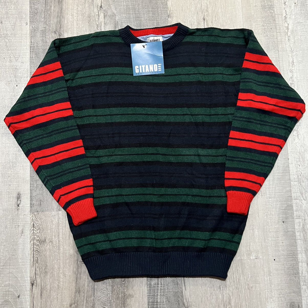 Vintage VTG Gitano Green/Blue Striped Acrylic Knit Pull Over Sweater Size US XL / EU 56 / 4 - 1 Thumbnail