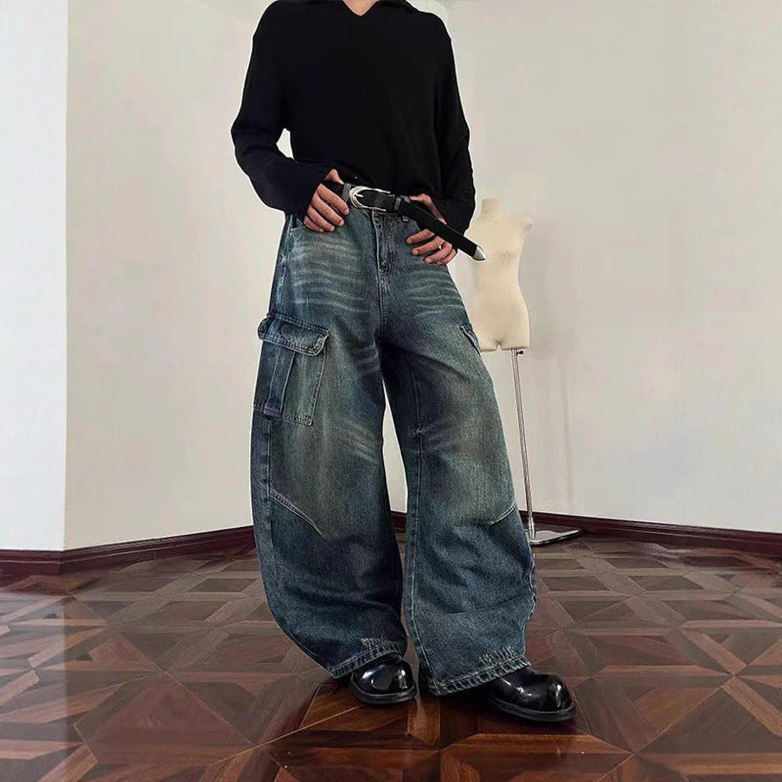 Other Wide Leg Cargo Denim Jeans, Baggy Washed Blue Jeans Size US 28 / EU 44 - 3 Thumbnail