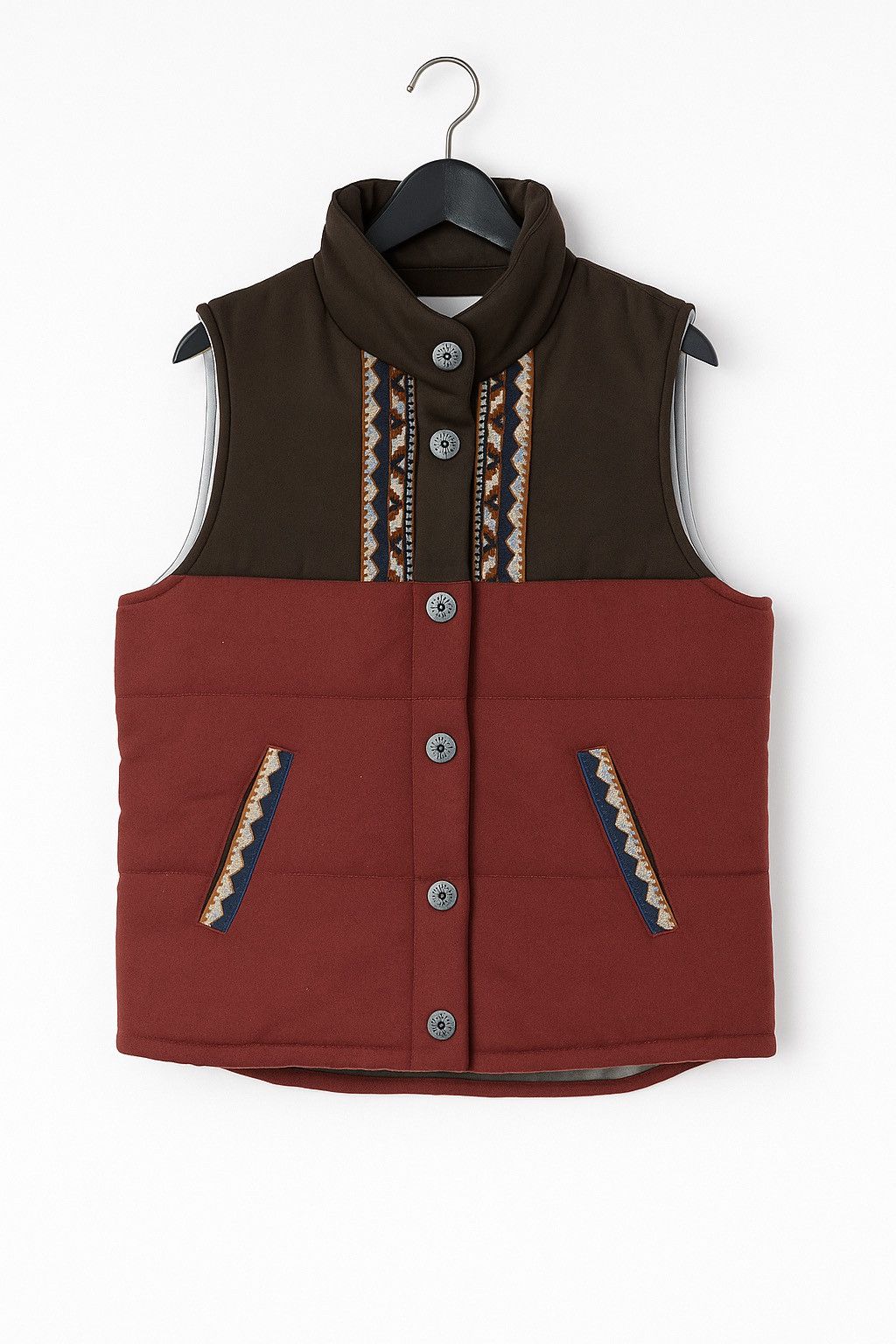 Japanese Brand Vintage RimLimit Tribal Pattern Puffer Vest – Brown & Maroon Size US S / EU 44-46 / 1 - 1 Thumbnail