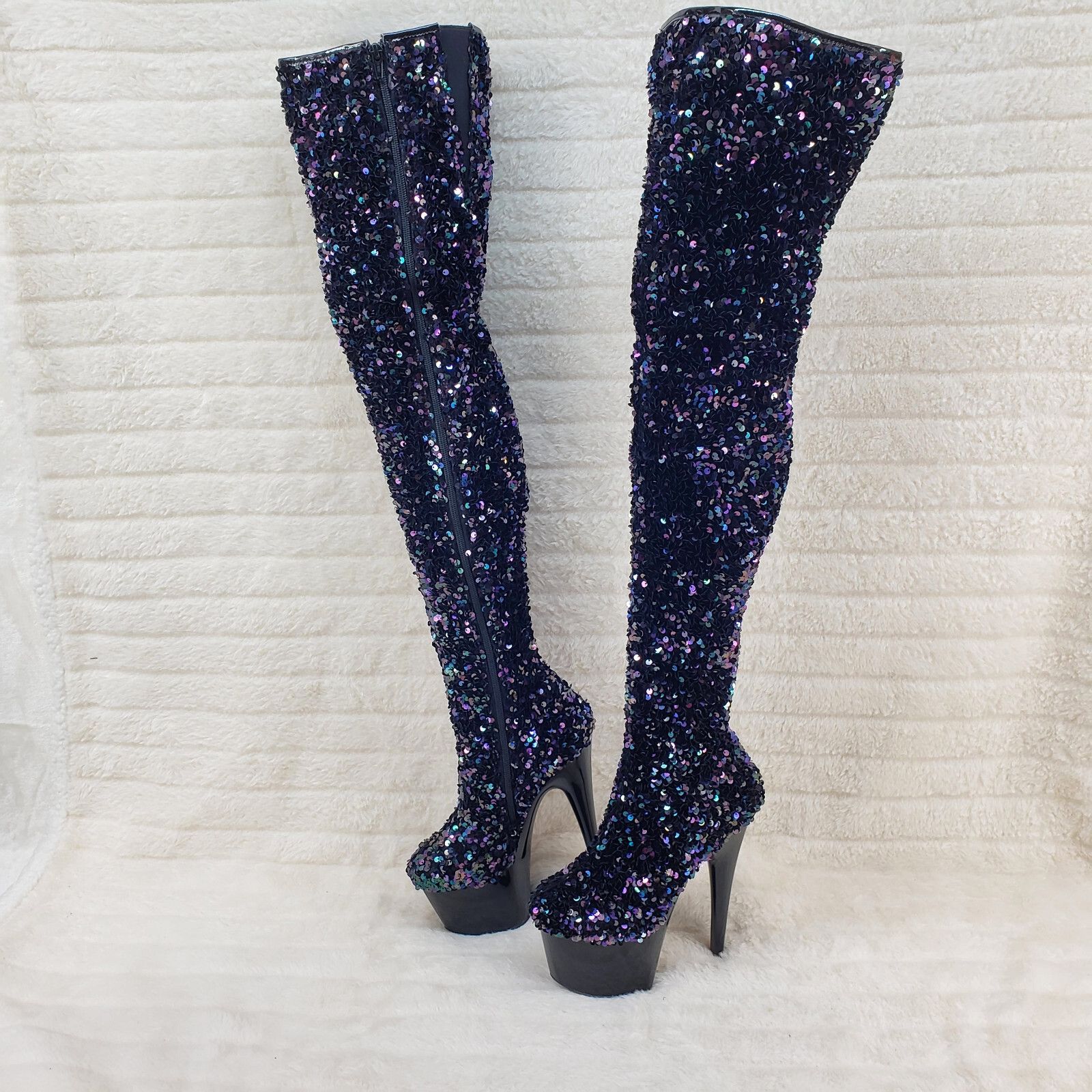 Other Adore 3020 Black Multi Sequin High Heel Platform Thigh High Size US 12 / IT 42 - 2 Thumbnail