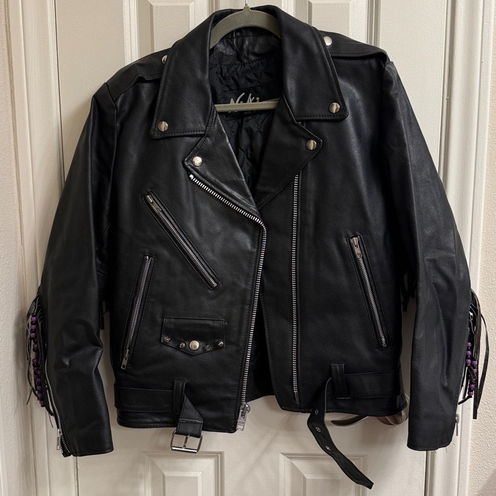 Niki Vintage Niki Black Leather Fringe motorcycle Jacket beaded Size XL / US 12-14 / IT 48-50 - 6 Thumbnail