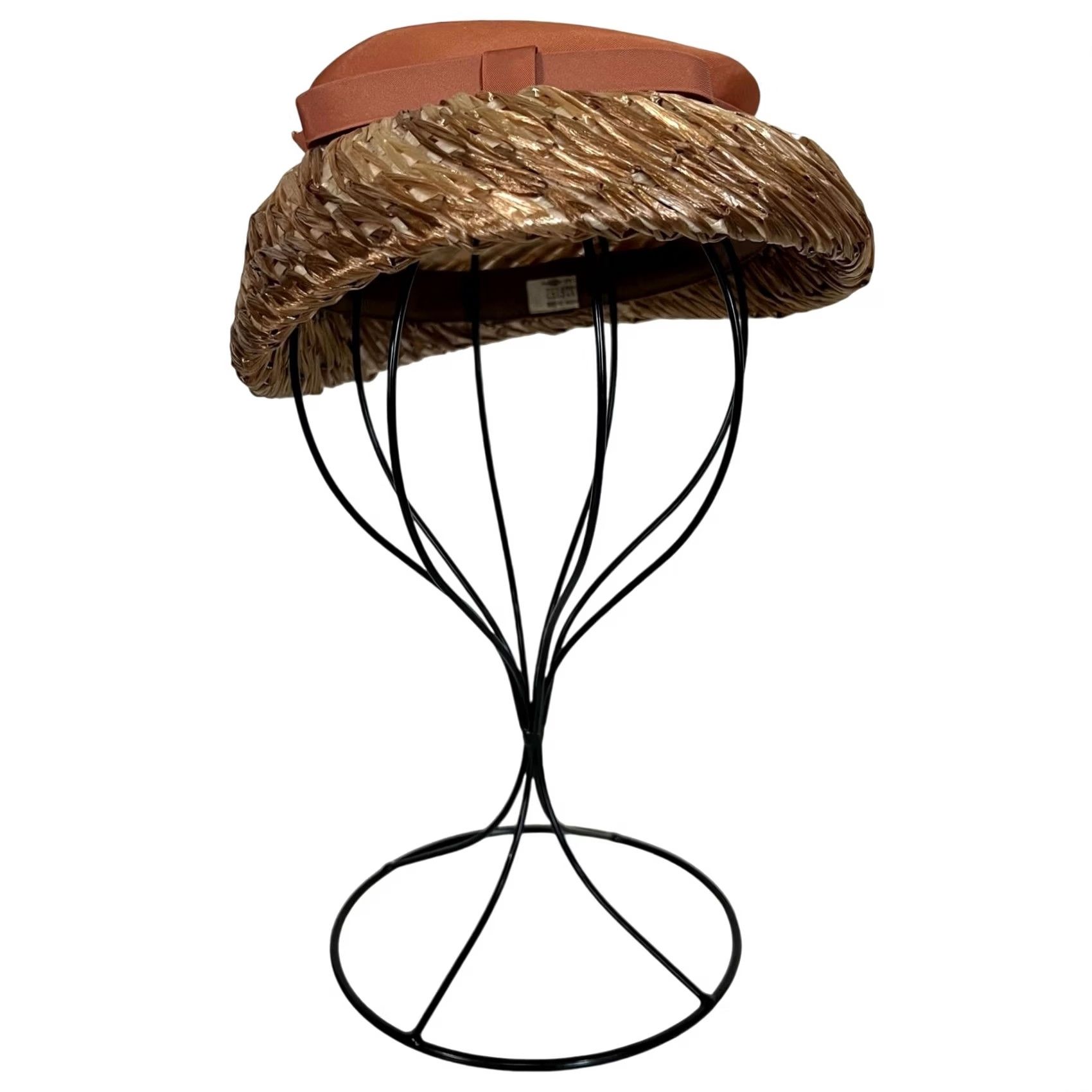 Vintage VINTAGE 50s Women’s Straw Pillbox Hat Fascinator Tan Satin Ribbon Hat One Size Women Size ONE SIZE - 4 Thumbnail